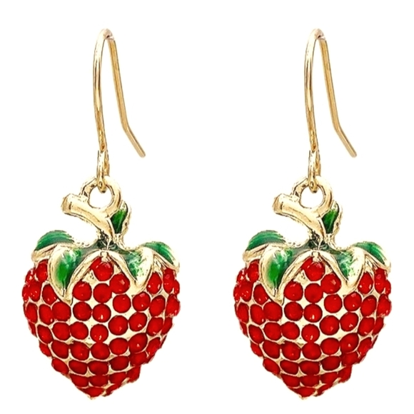 Red Rhinestone Strawberry Earrings Pave Strawberries Crystal Fruit Charms Gold - Picture 5 of 6